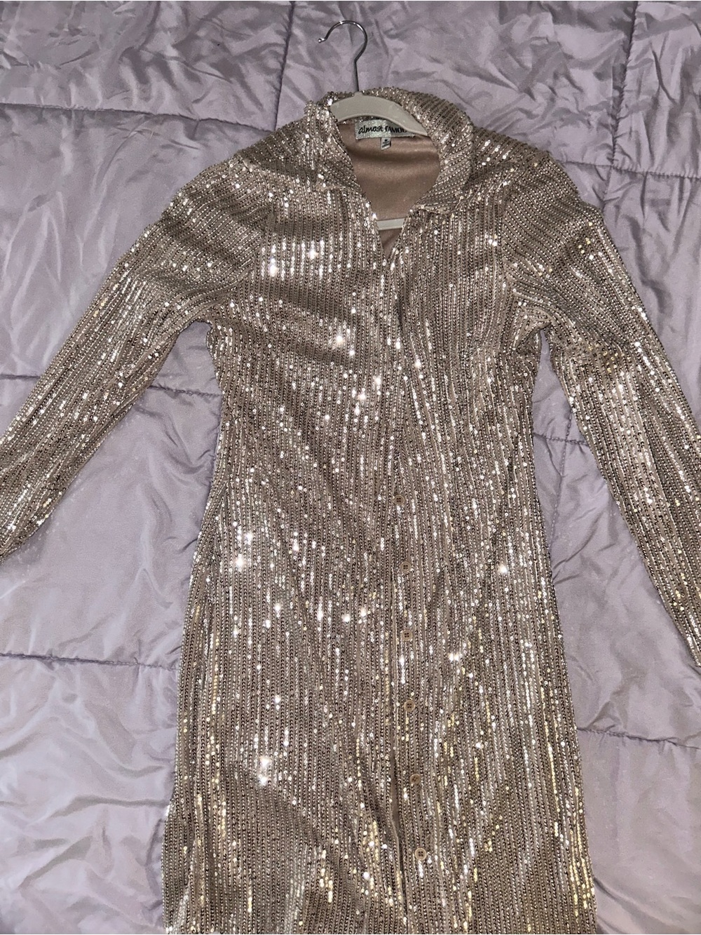 Sequined Long Sleeve Gold Dress